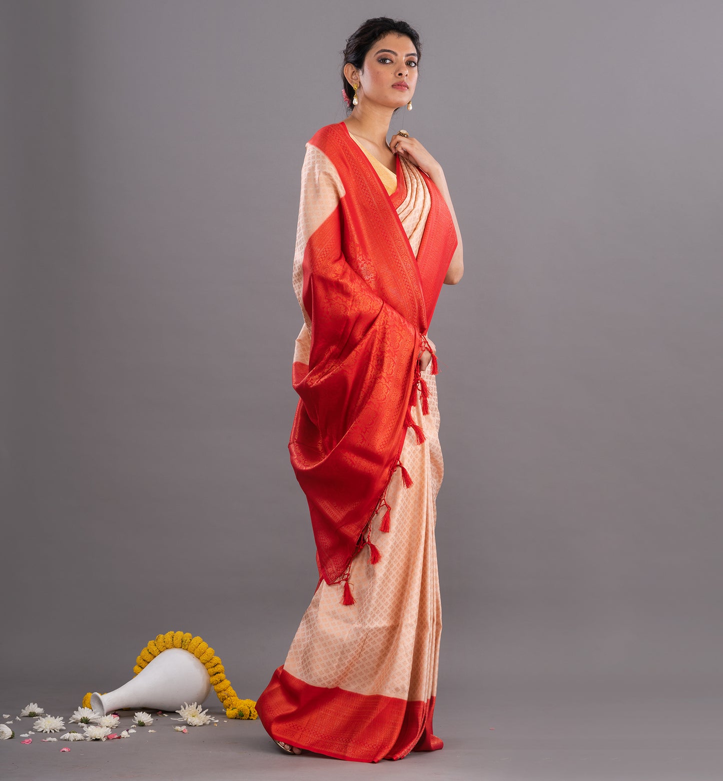 Peach & Red Jamdani Silk Saree with Intricate Weave