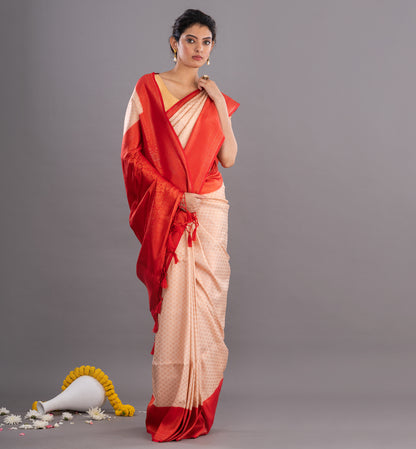 Peach & Red Jamdani Silk Saree with Intricate Weave