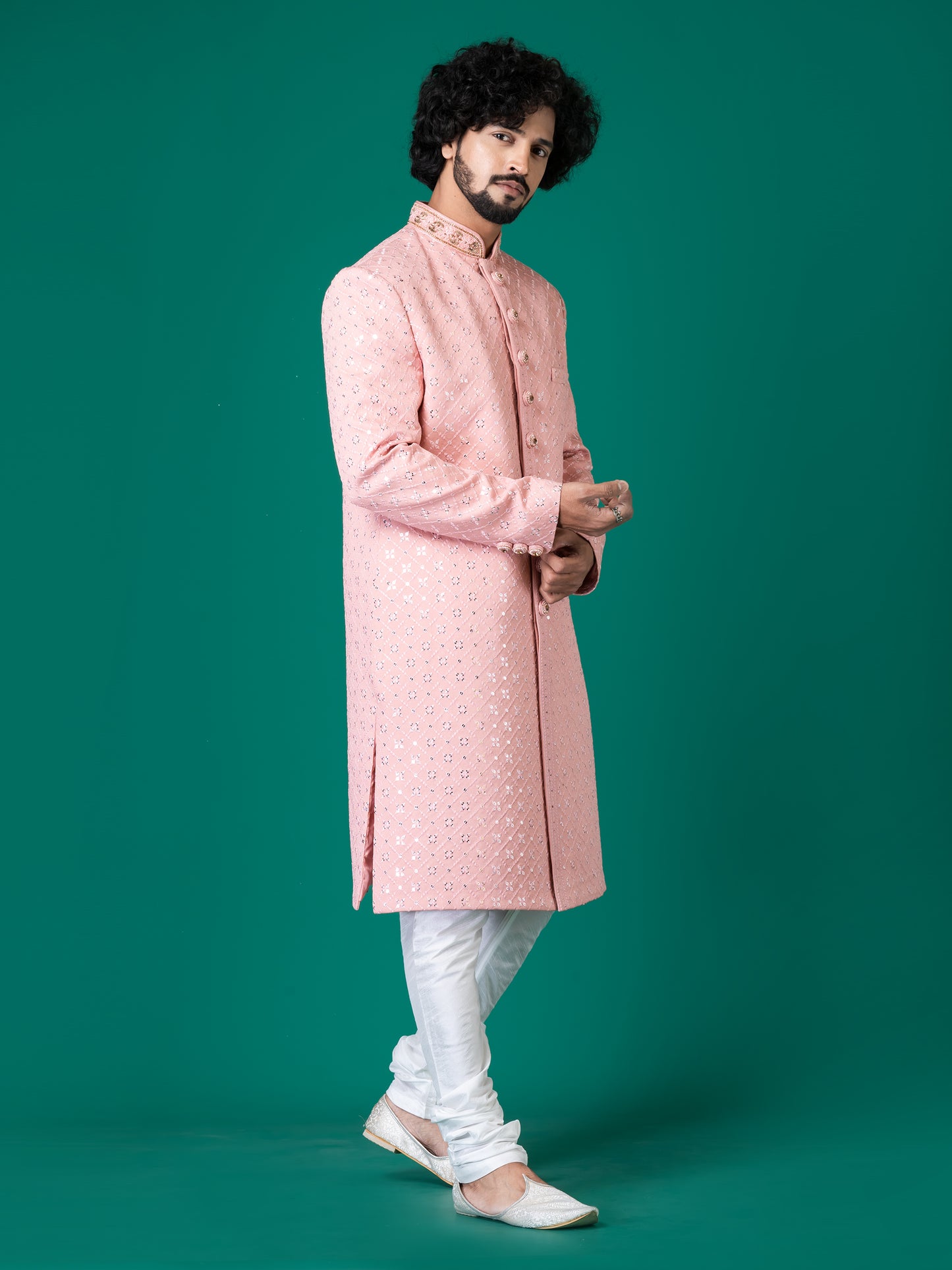 Majestic Pantone-Colored Sherwani with Neck Handwork