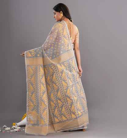 Grey & Gold Jamdani Cotton Saree with Intricate Weave