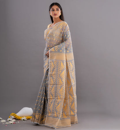 Grey & Gold Jamdani Cotton Saree with Intricate Weave