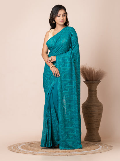 Stunning Turquoise Fancy Chiffon Saree with Jal Work