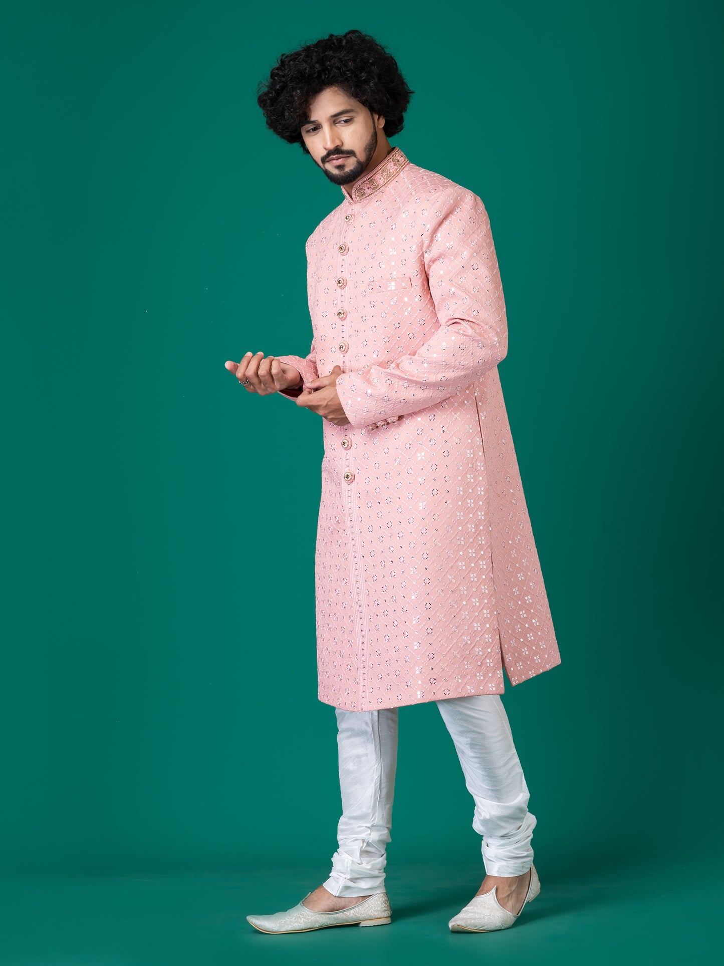 Majestic Pantone-Colored Sherwani with Neck Handwork