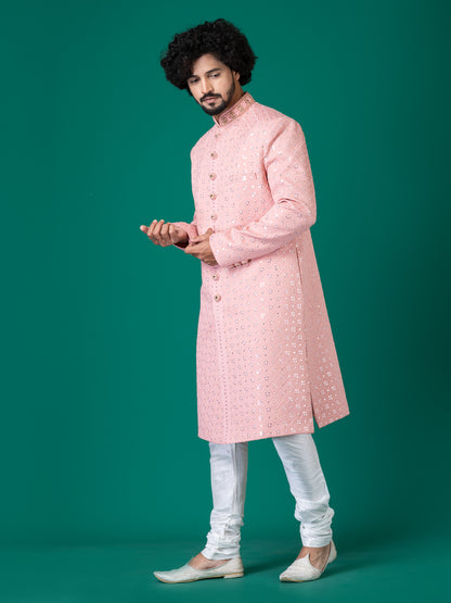 Majestic Pantone-Colored Sherwani with Neck Handwork