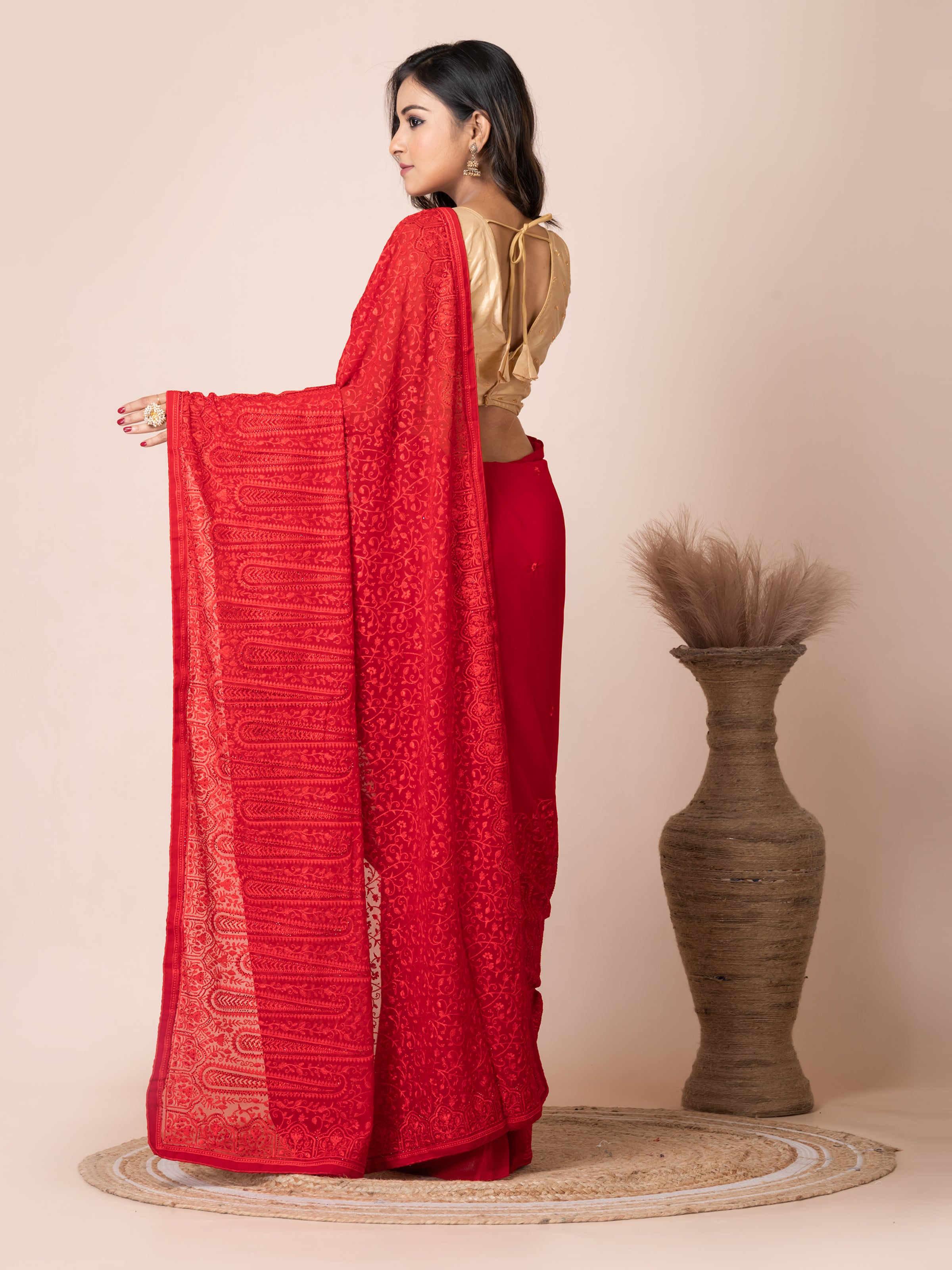 Bold Red Fancy Chiffon Saree with Jal Work