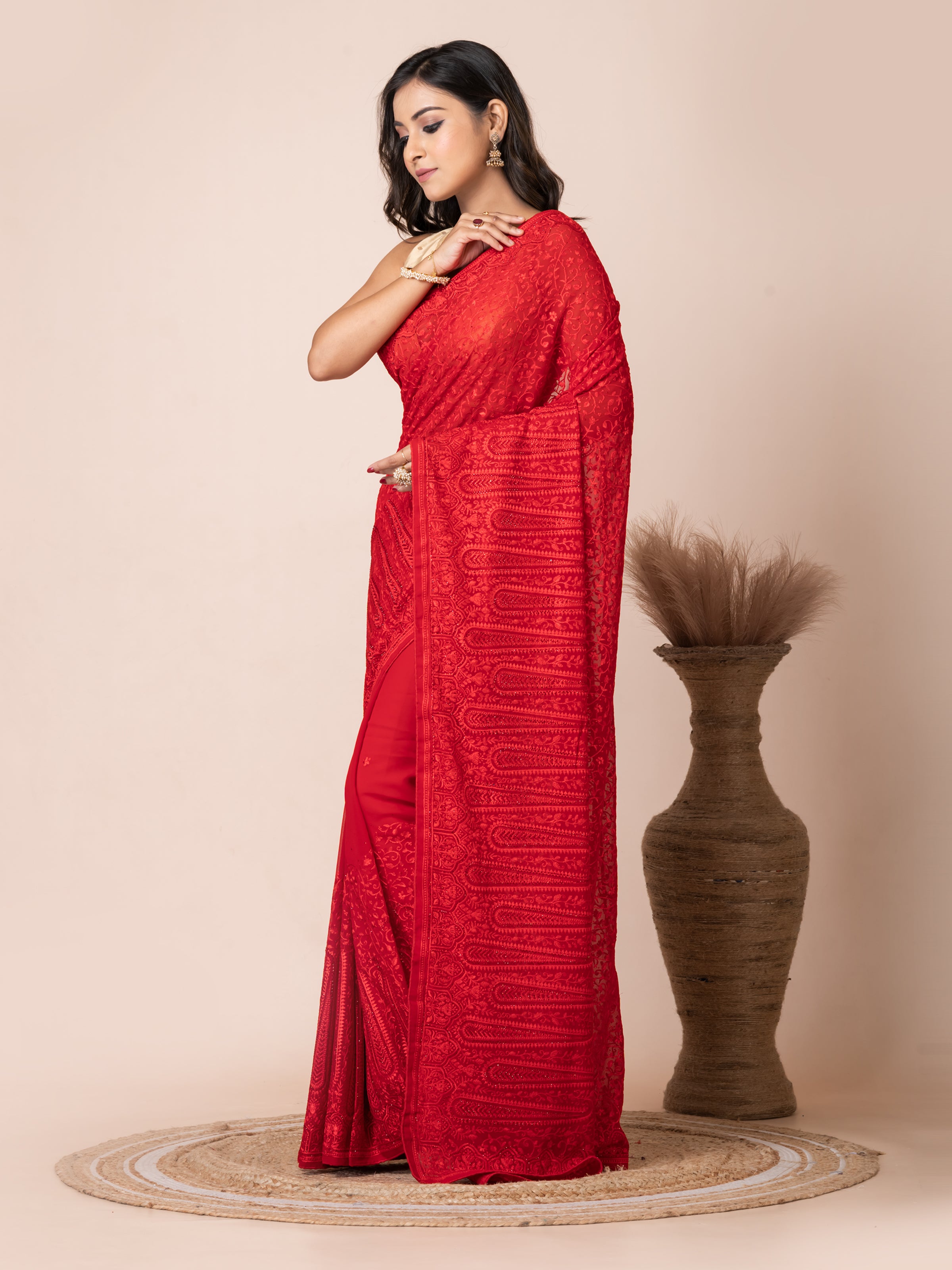 Bold Red Fancy Chiffon Saree with Jal Work