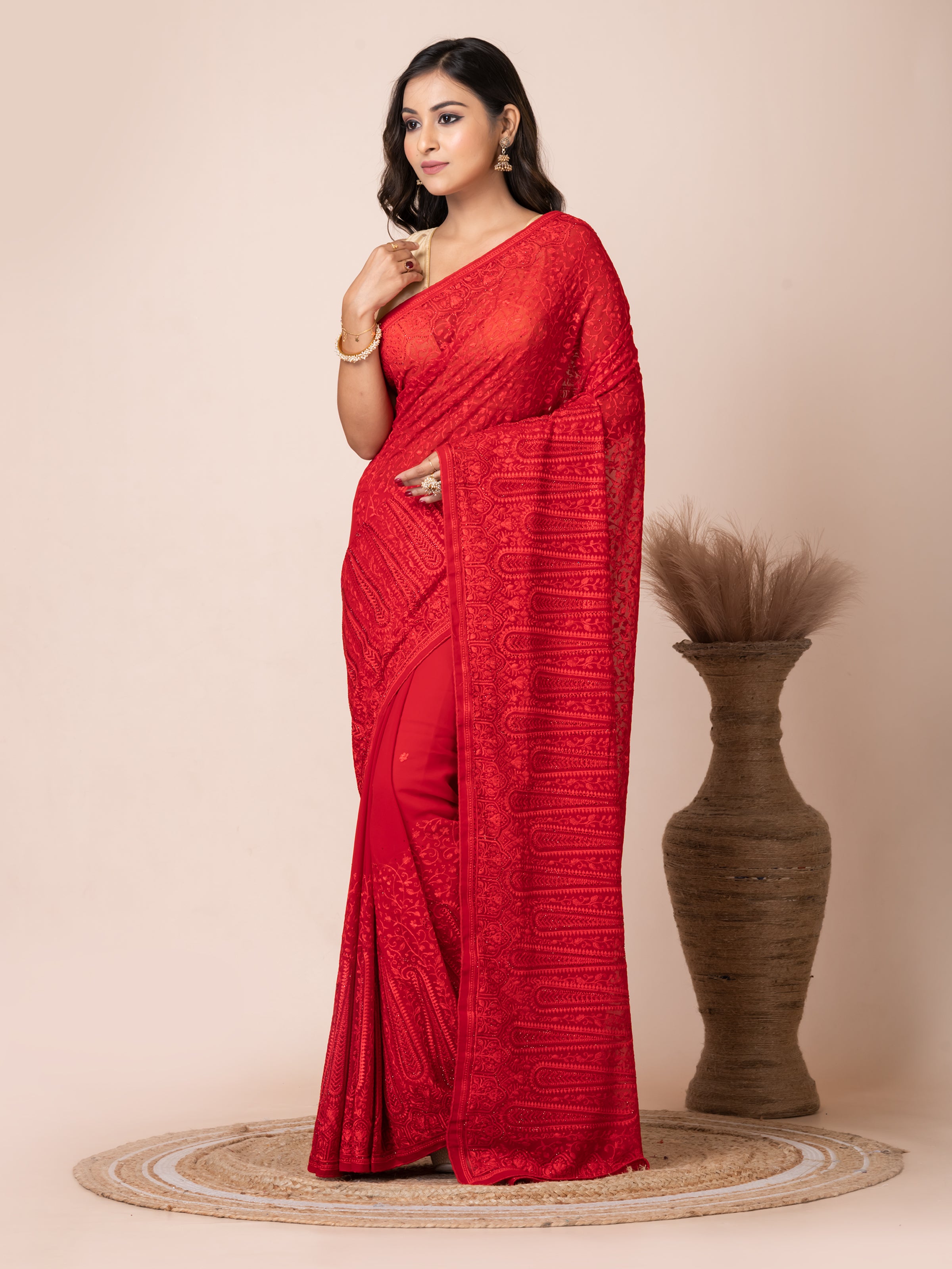 Bold Red Fancy Chiffon Saree with Jal Work
