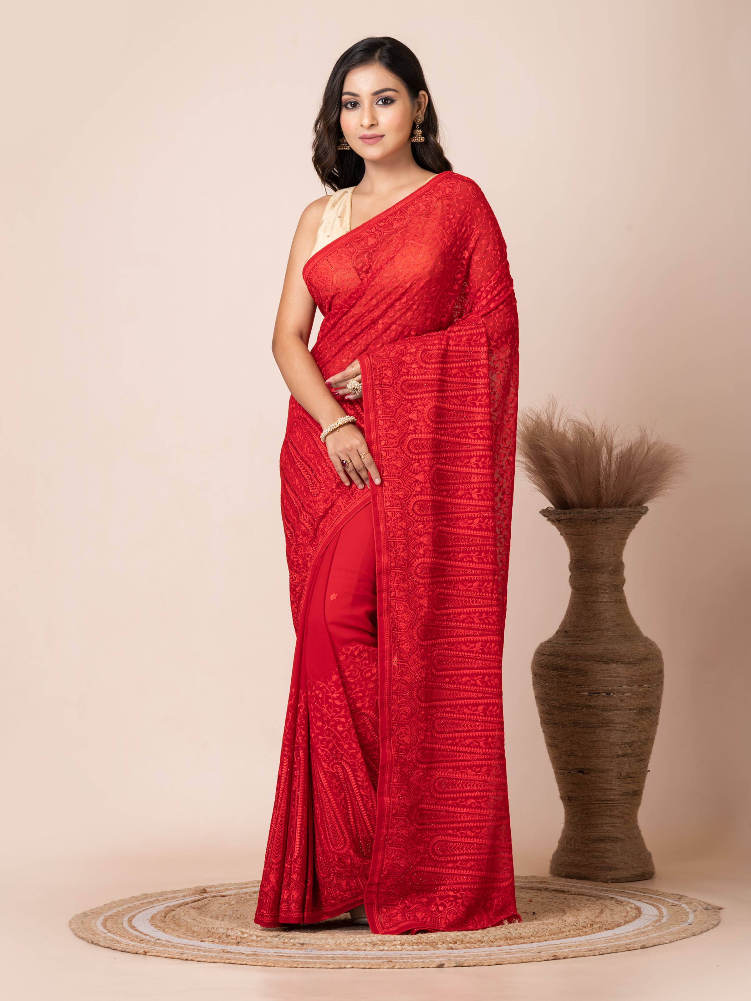 Bold Red Fancy Chiffon Saree with Jal Work