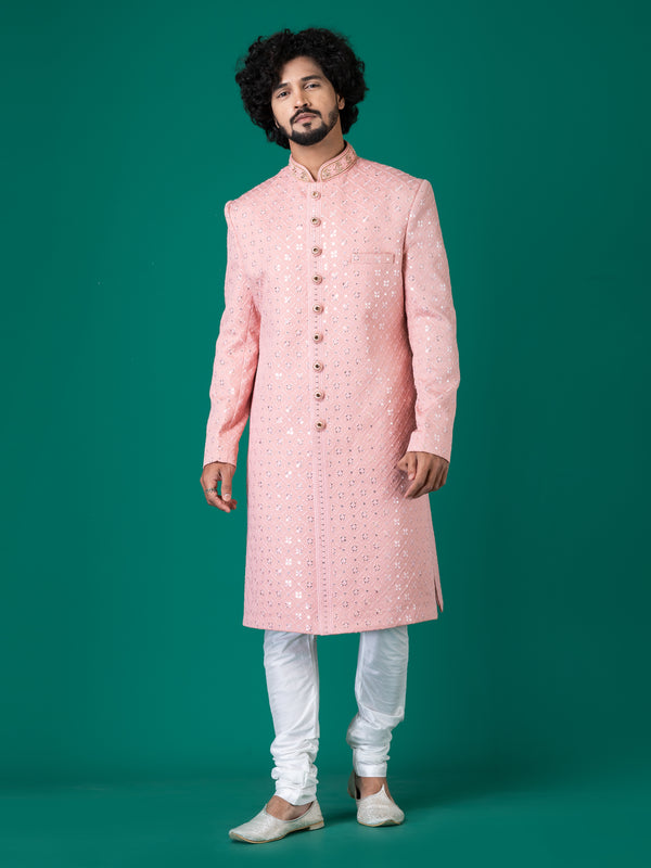 Majestic Pantone-Colored Sherwani with Neck Handwork