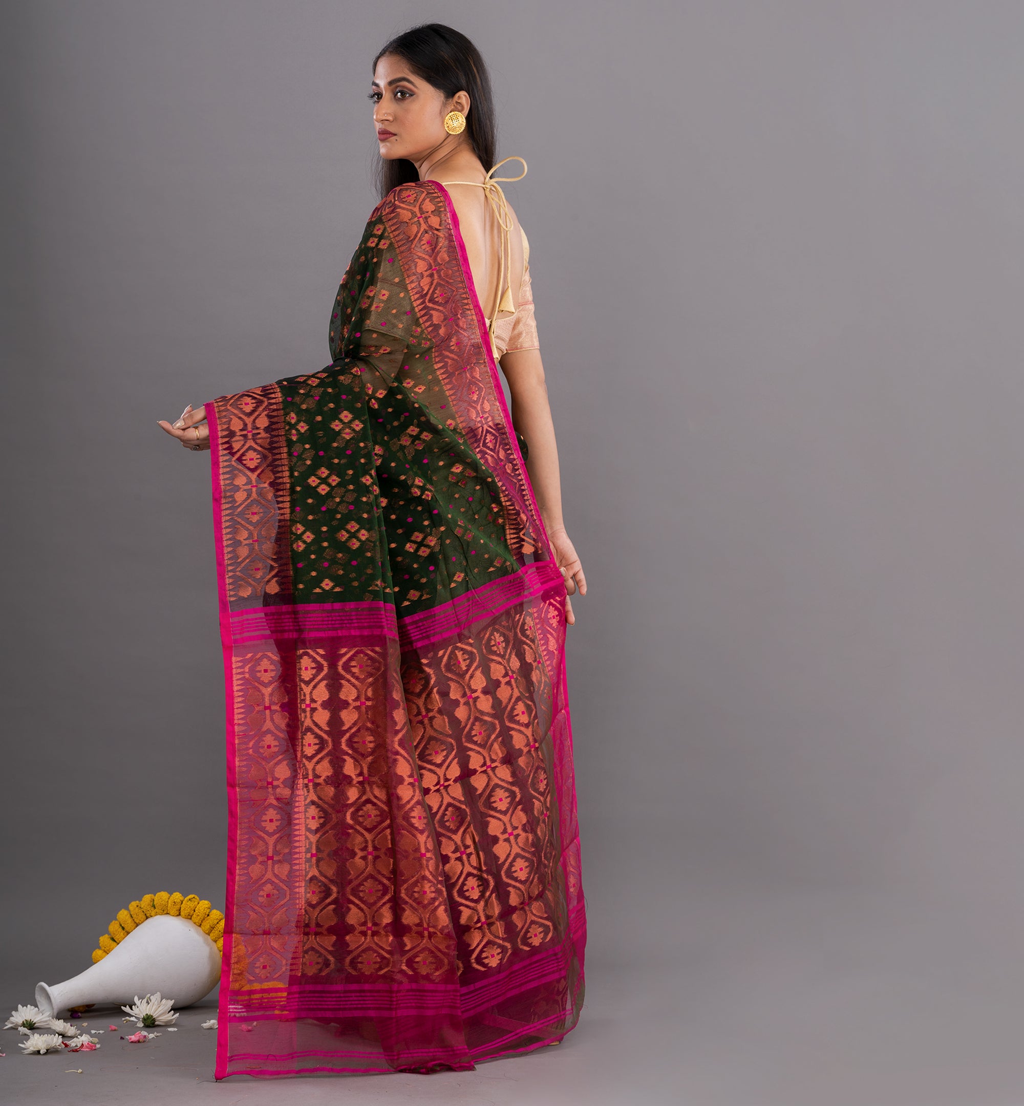 Dark Green & Pink Jamdani Resham Saree with Ornate Weave