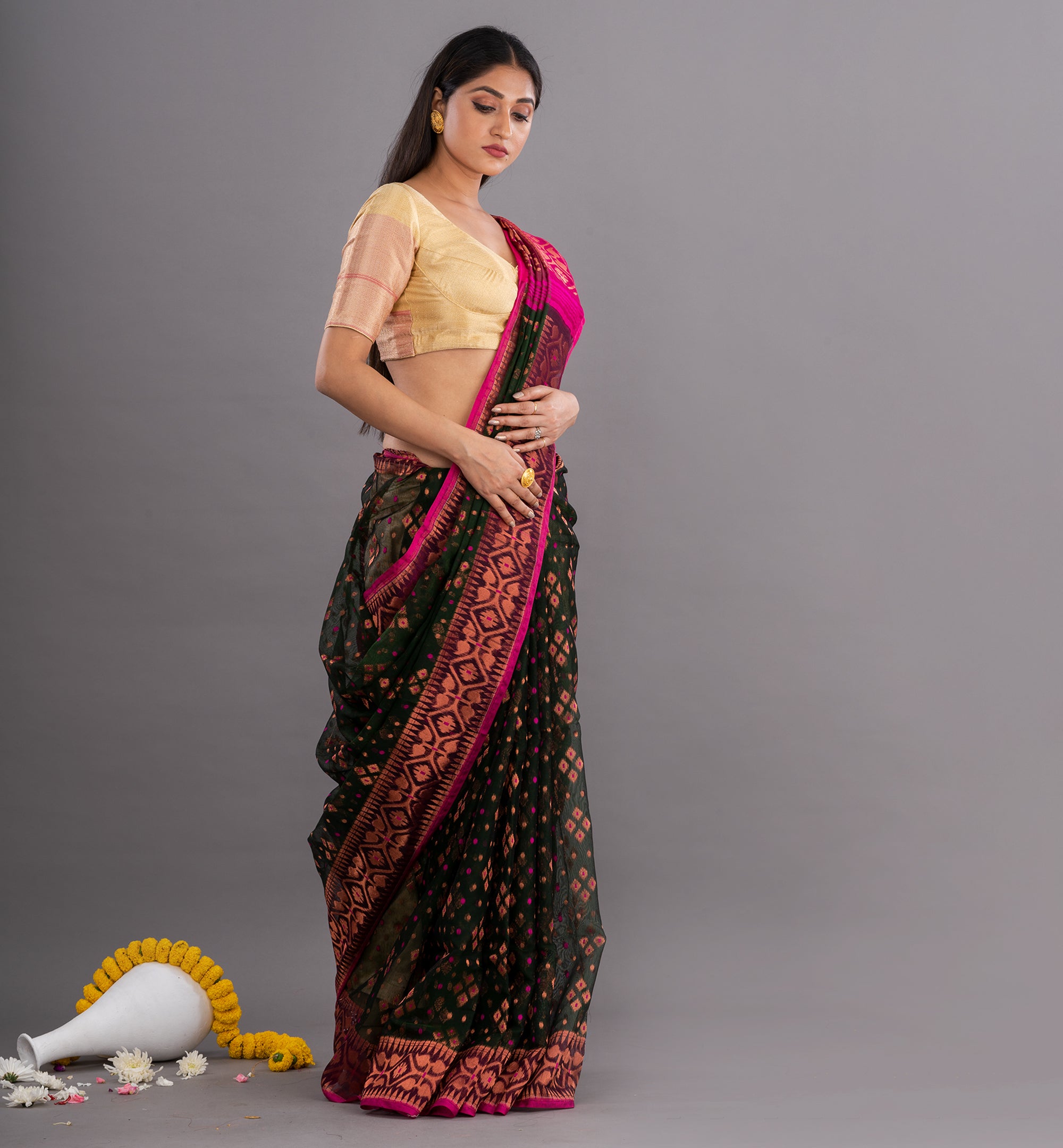 Dark Green & Pink Jamdani Resham Saree with Ornate Weave