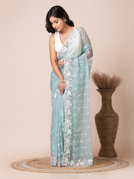 Elegant Mint Green Organza Tissue Saree with Floral Embroidery