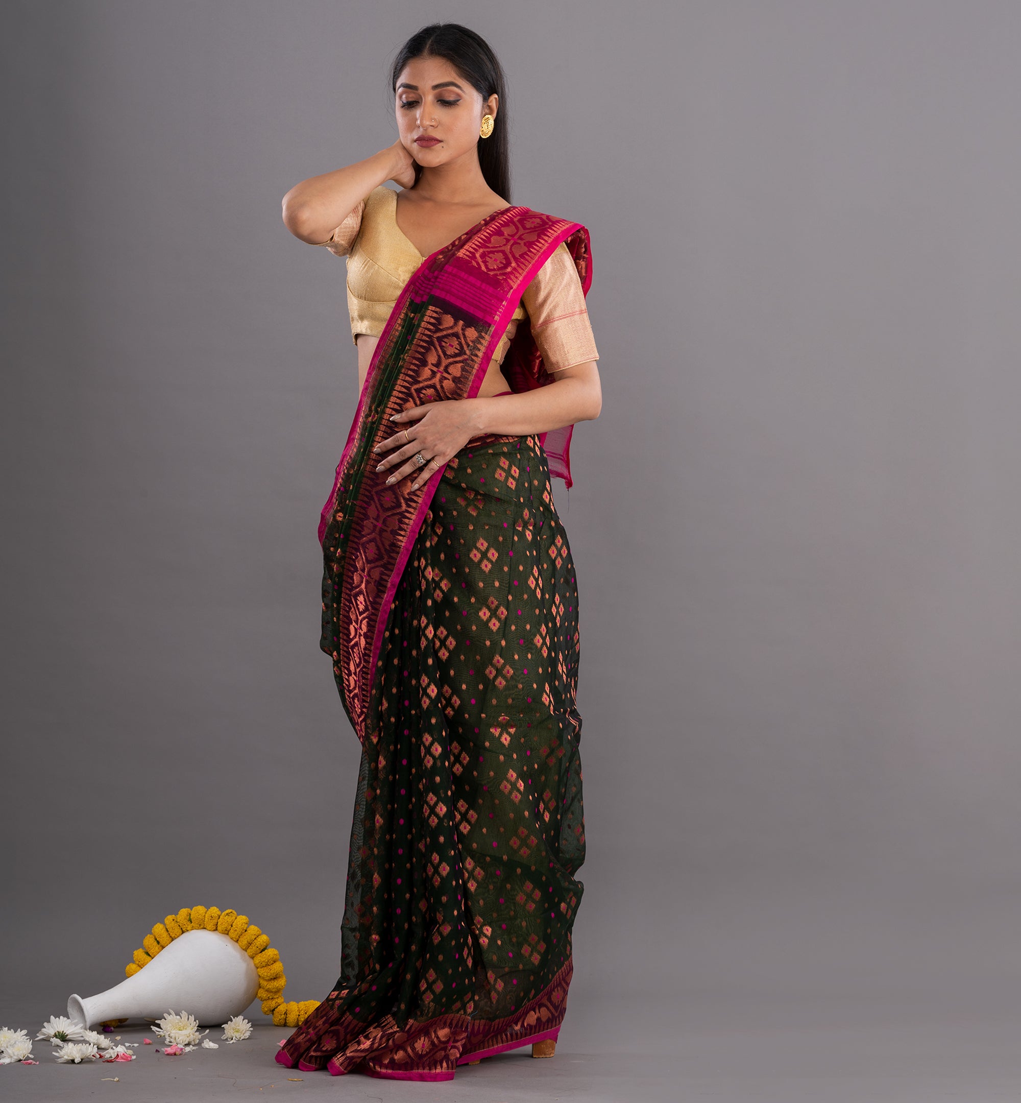 Dark Green & Pink Jamdani Resham Saree with Ornate Weave
