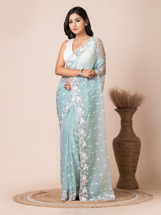 Elegant Mint Green Organza Tissue Saree with Floral Embroidery