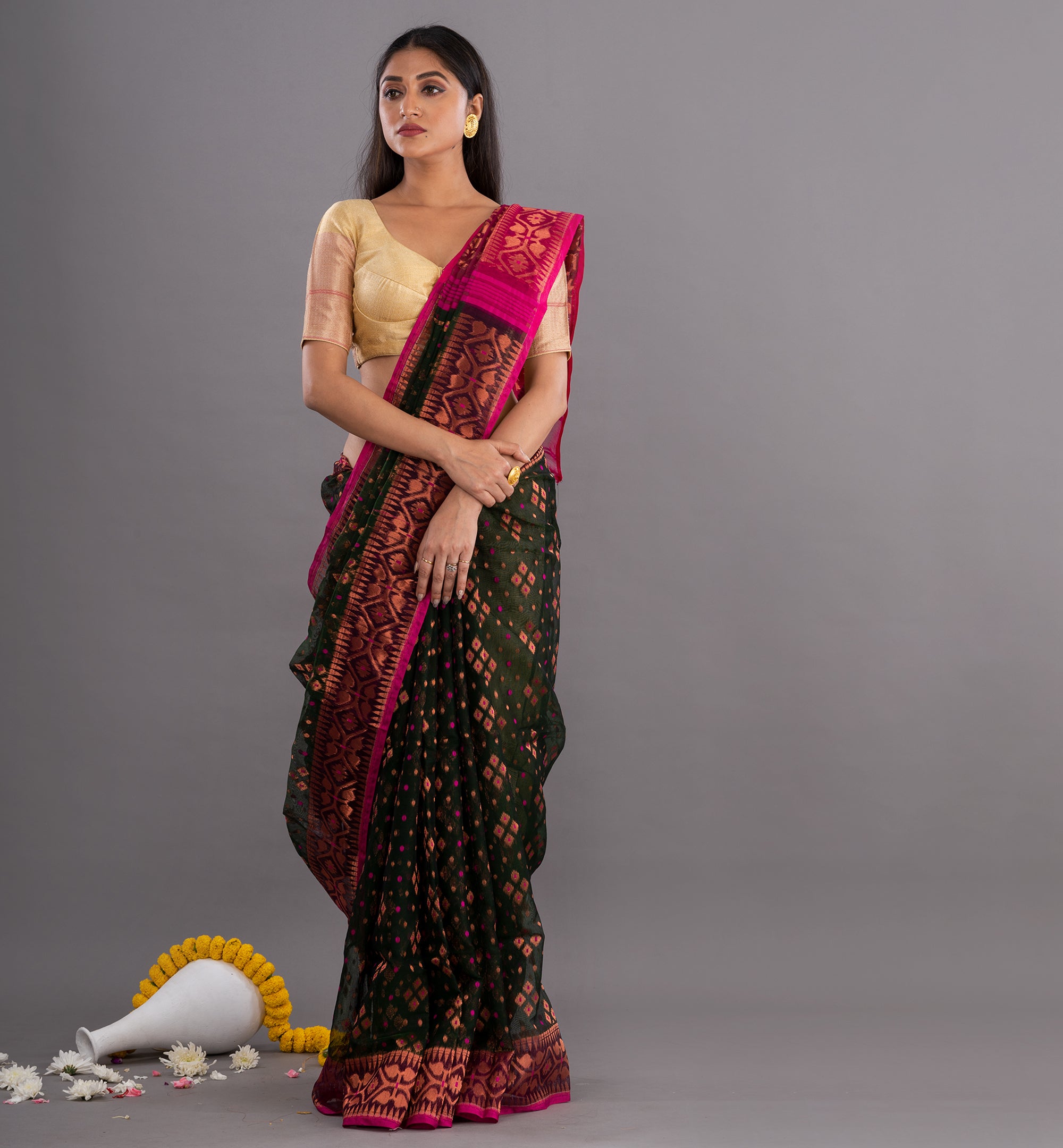 Dark Green & Pink Jamdani Resham Saree with Ornate Weave