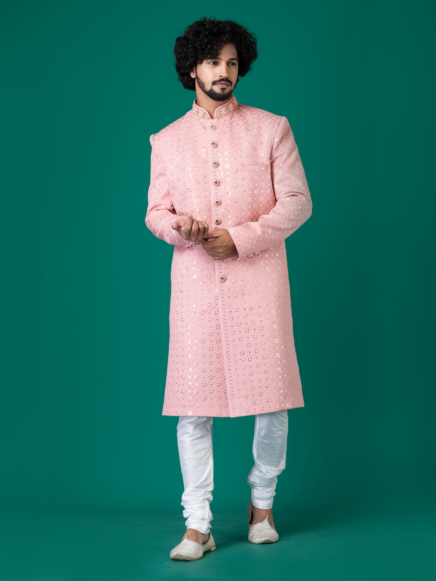 Majestic Pantone-Colored Sherwani with Neck Handwork
