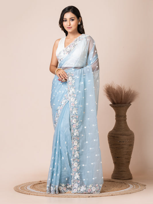 Graceful Sky Blue Organza Tissue Saree with Floral Embroidery