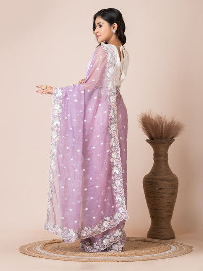 Delicate Lavender Organza Tissue Saree with Floral Embroidery