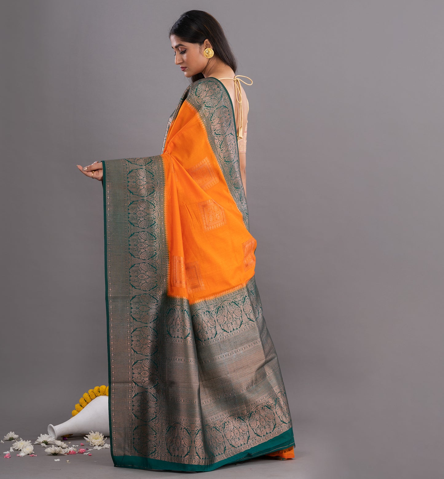 Orange & Teal Bankura Silk Saree with Blouse
