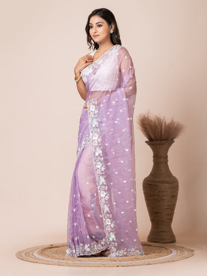 Delicate Lavender Organza Tissue Saree with Floral Embroidery