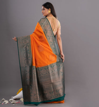Orange & Teal Bankura Silk Saree with Blouse