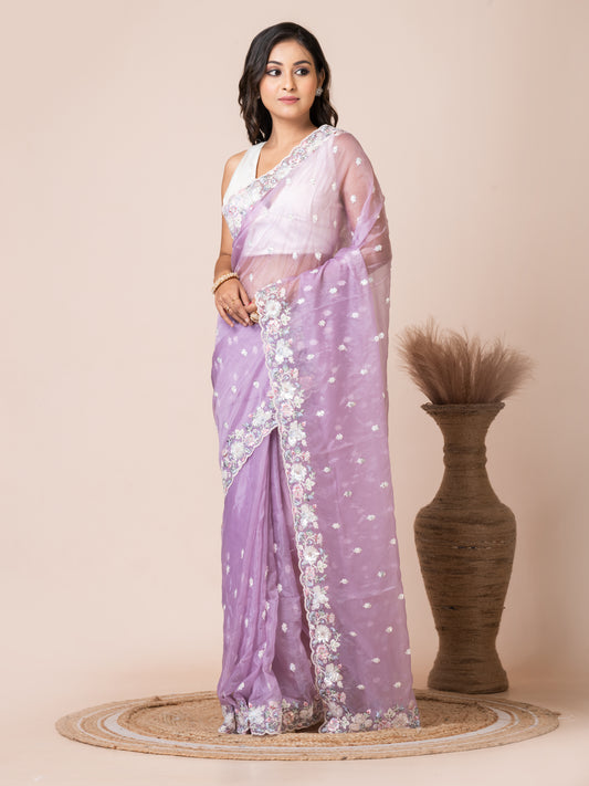 Delicate Lavender Organza Tissue Saree with Floral Embroidery