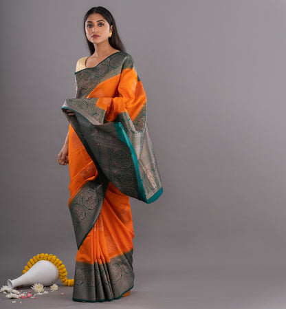 Orange & Teal Bankura Silk Saree with Blouse
