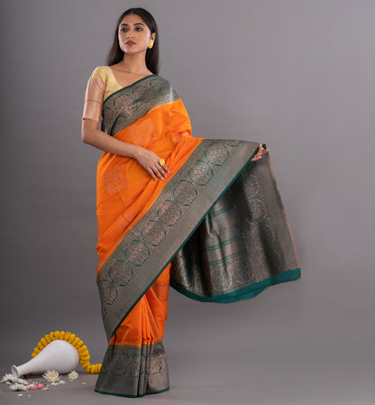 Orange & Teal Bankura Silk Saree with Blouse
