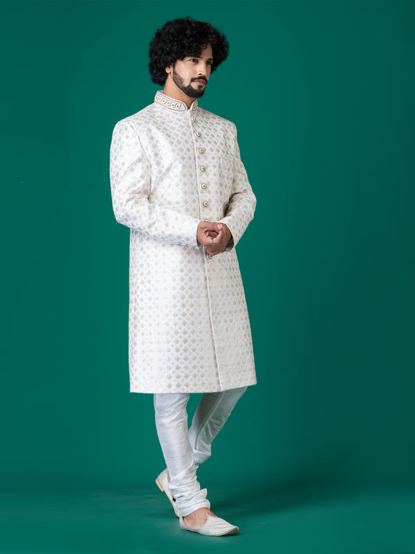 Splendid Bright Grey Sherwani with Neck Handwork