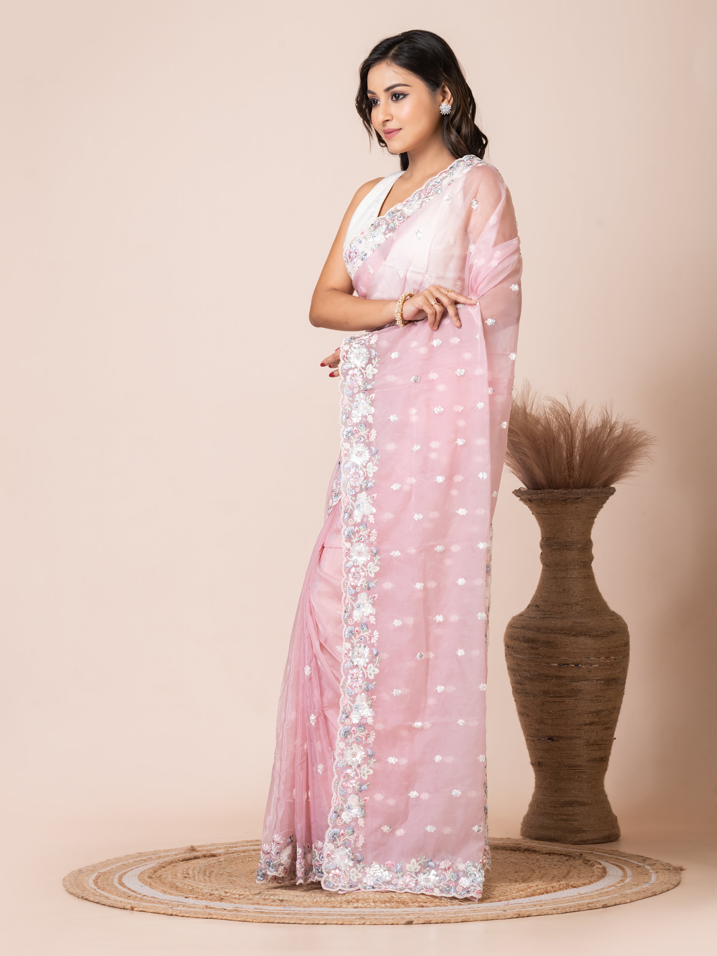 Charming Peach Organza Tissue Saree with Floral Embroidery