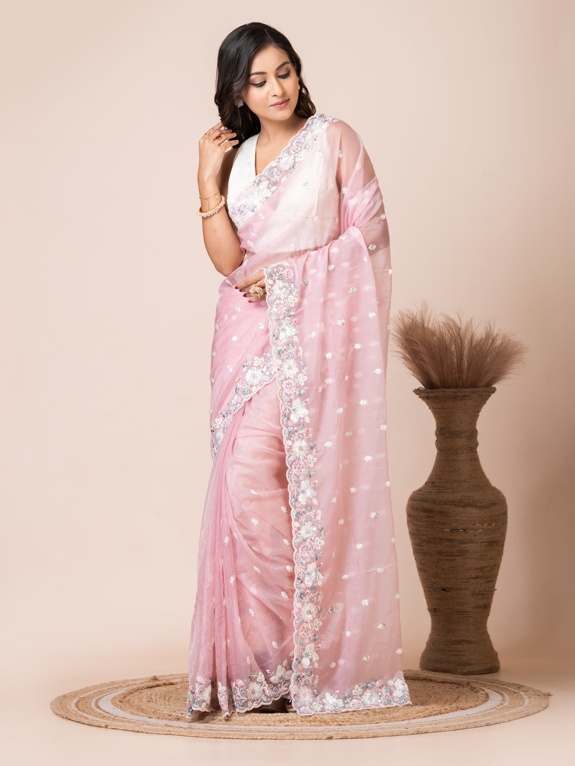 Charming Peach Organza Tissue Saree with Floral Embroidery