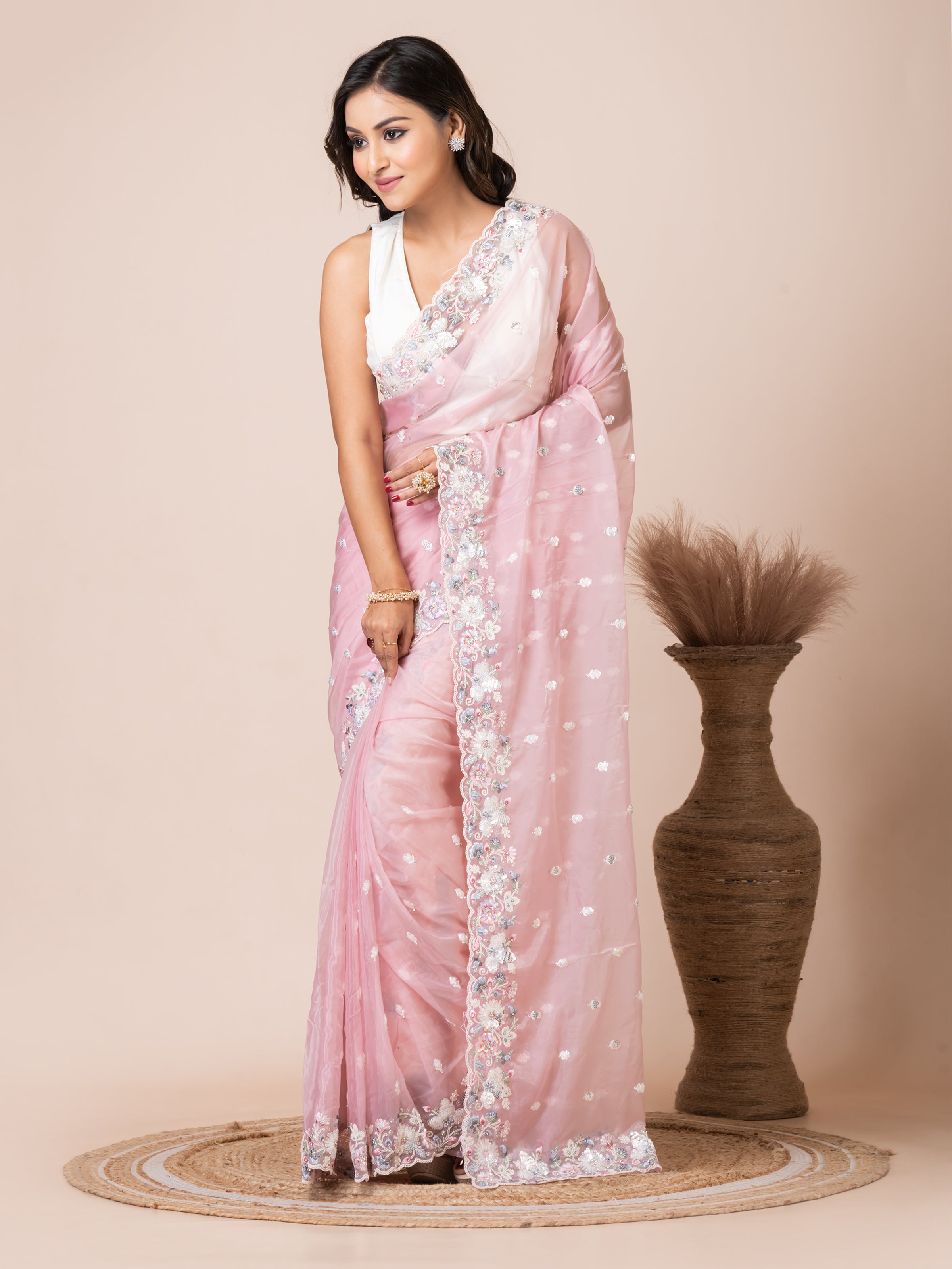 Charming Peach Organza Tissue Saree with Floral Embroidery