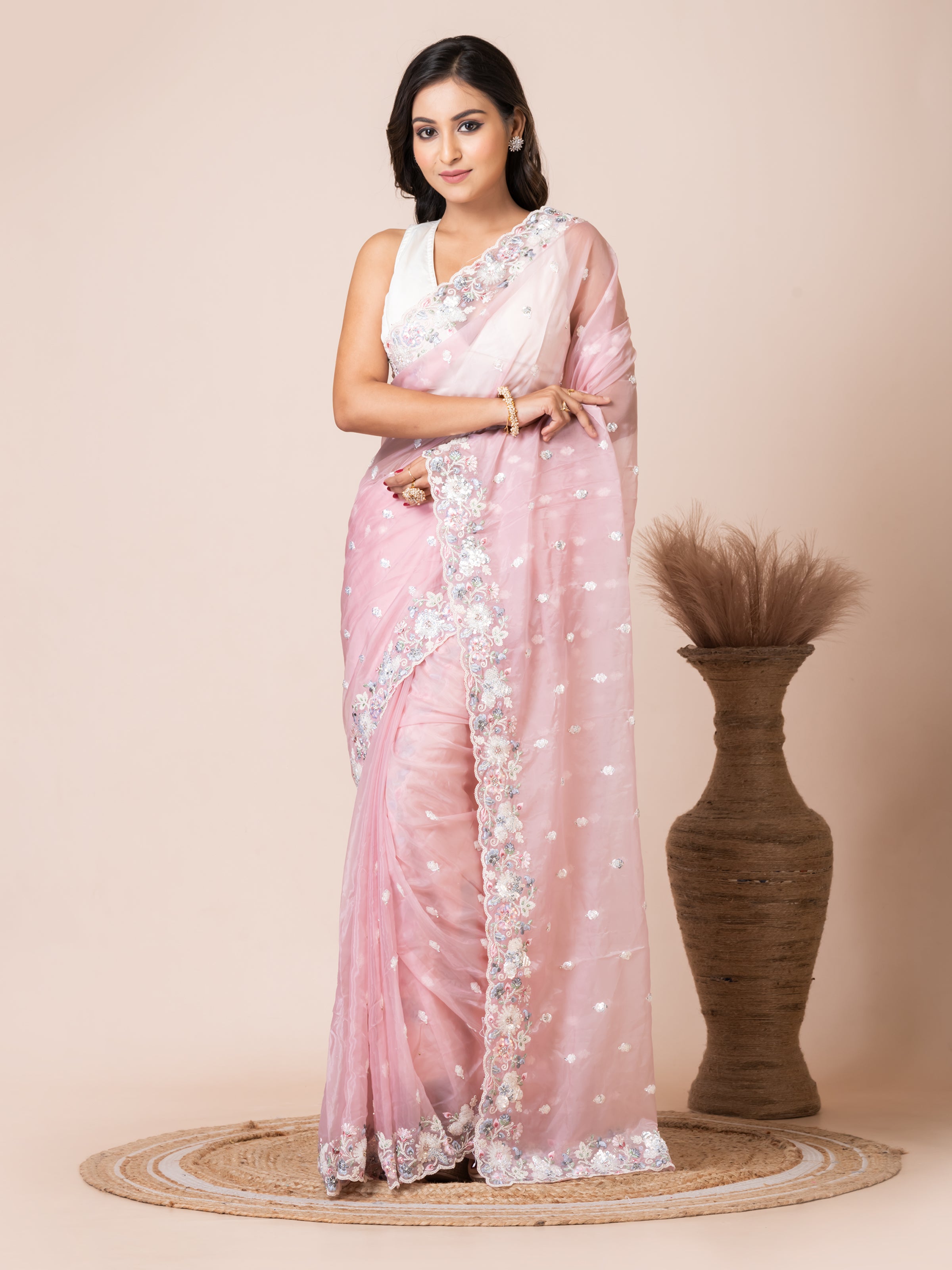 Charming Peach Organza Tissue Saree with Floral Embroidery