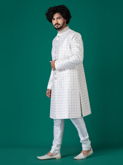 Splendid Bright Grey Sherwani with Neck Handwork