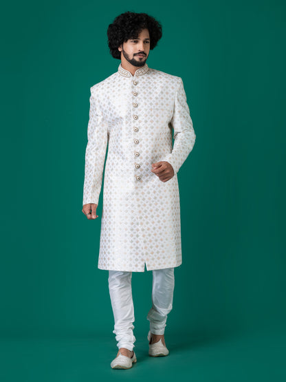 Splendid Bright Grey Sherwani with Neck Handwork