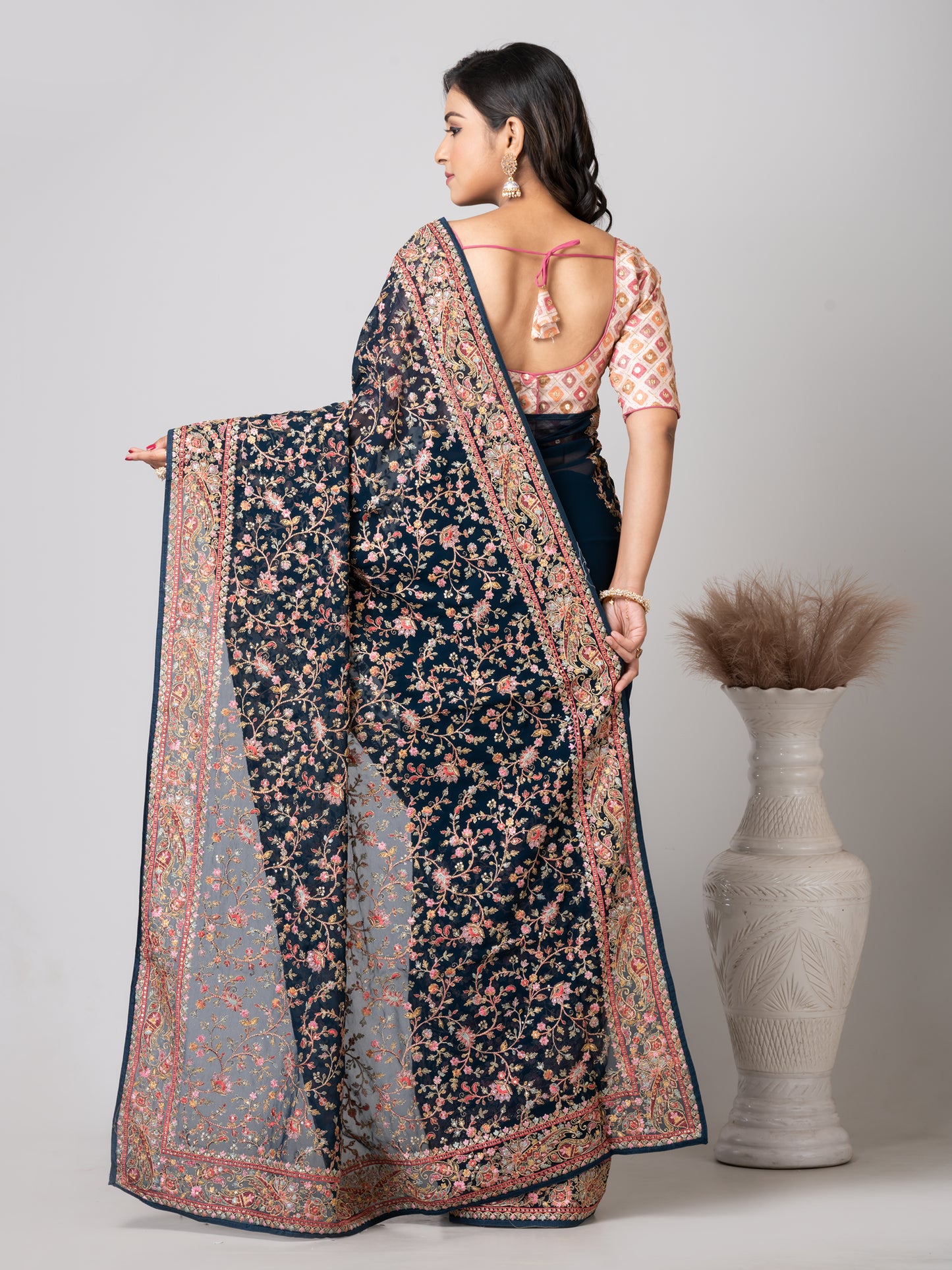 Luxurious Emerald Dark Green Fancy Chiffon Saree with Jal Work