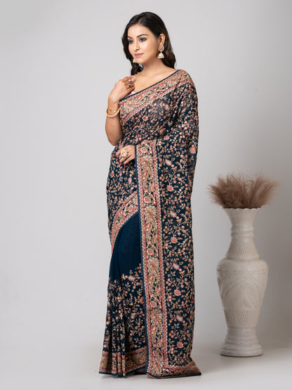 Luxurious Emerald Dark Green Fancy Chiffon Saree with Jal Work