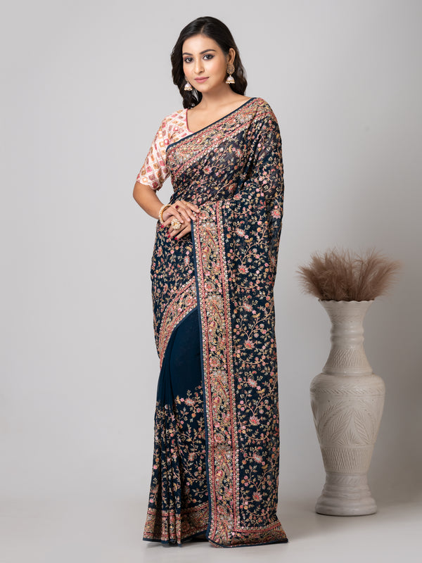 Luxurious Emerald Dark Green Fancy Chiffon Saree with Jal Work