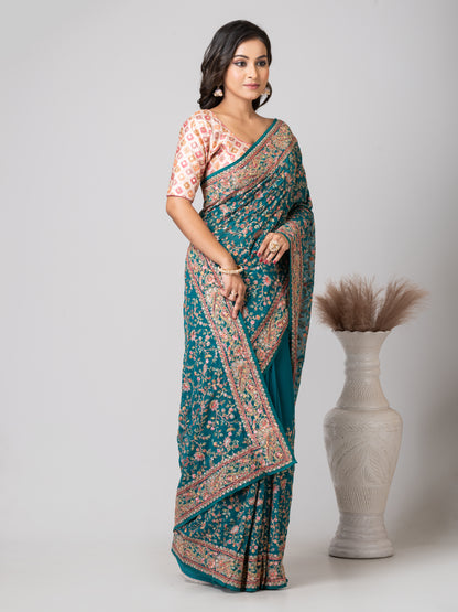 Vibrant Royal Cyan Fancy Chiffon Saree with Jal Work
