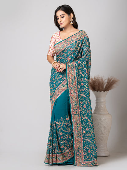 Vibrant Royal Cyan Fancy Chiffon Saree with Jal Work