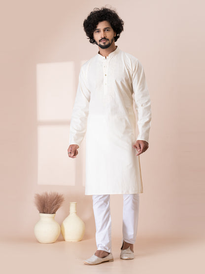Finest Lynx White Handloom Cotton Kurta Pajama Set with Neck Handwork