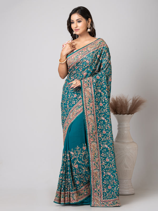 Vibrant Royal Cyan Fancy Chiffon Saree with Jal Work