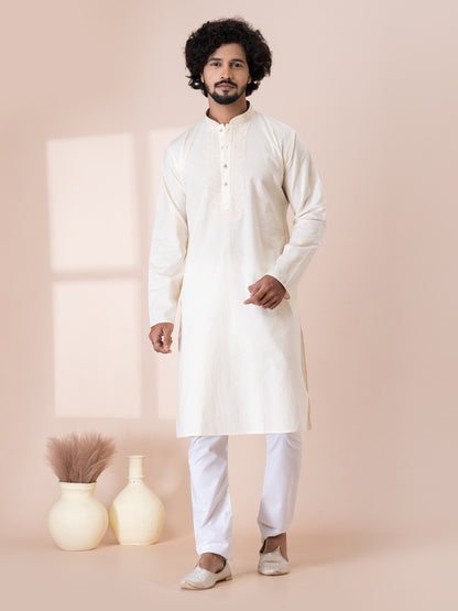Exemplary Aragonite White Handloom Cotton Kurta Pajama Set with Neck Handwork