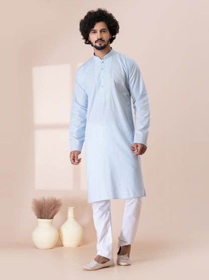 Flawless Weathered Blue Handloom Cotton Kurta Pajama Set with Neck Handwork