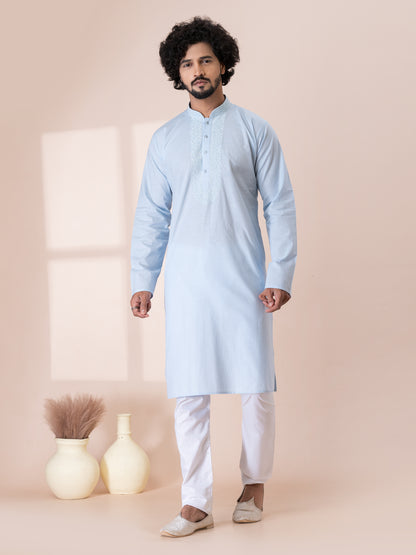 Flawless Weathered Blue Handloom Cotton Kurta Pajama Set with Neck Handwork