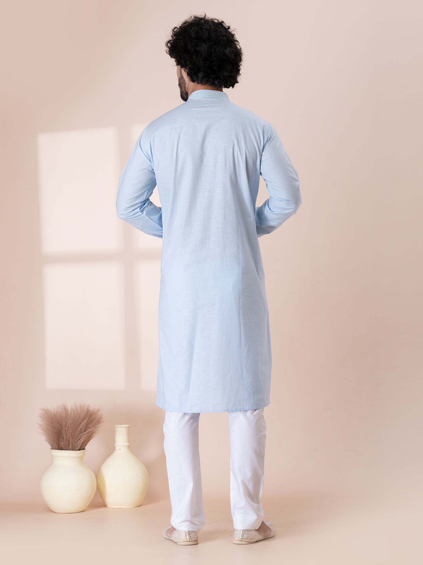 Flawless Weathered Blue Handloom Cotton Kurta Pajama Set with Neck Handwork