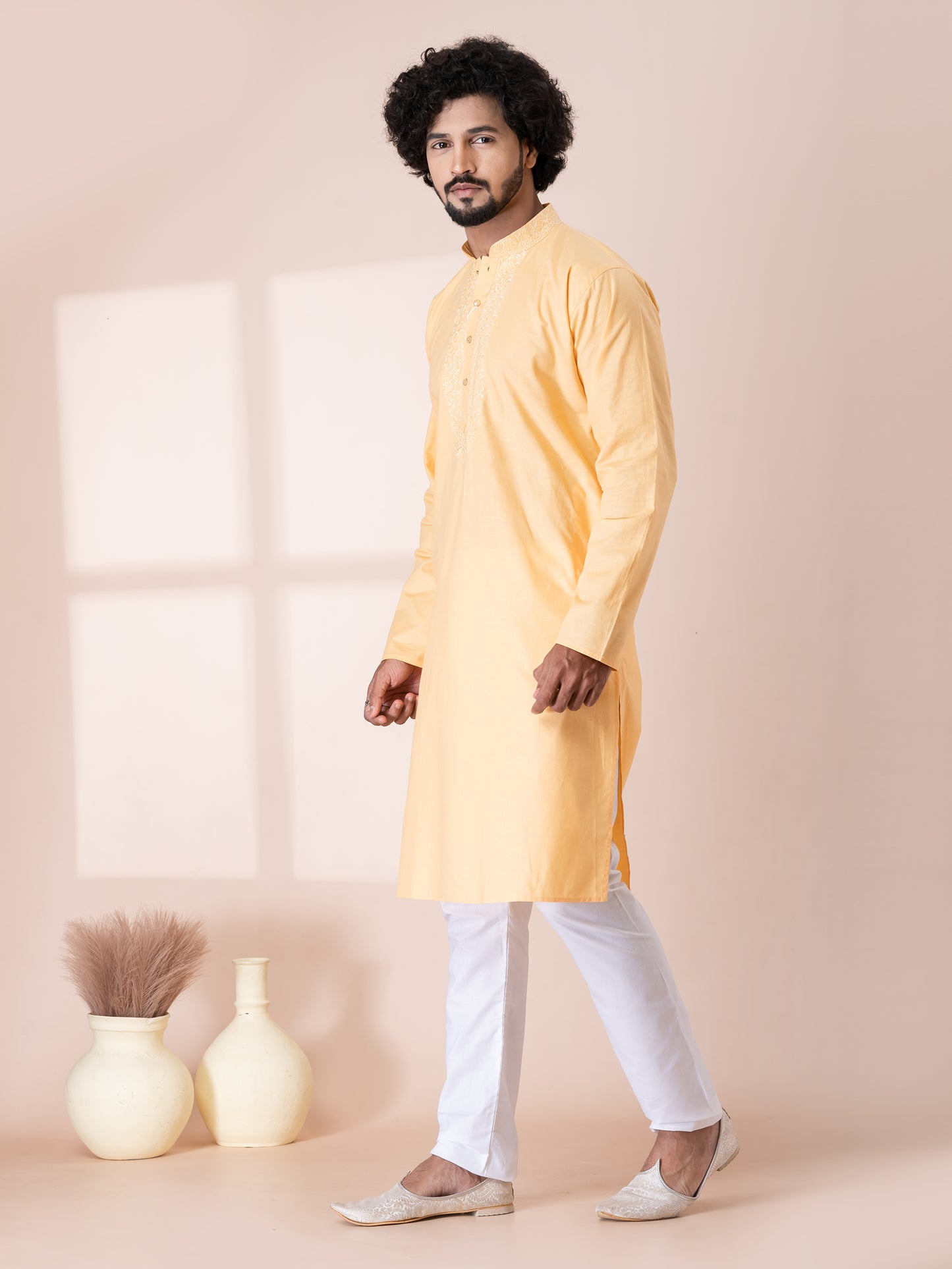Elegant Sunstitch Color Handloom Cotton Kurta Pajama Set with Neck Handwork