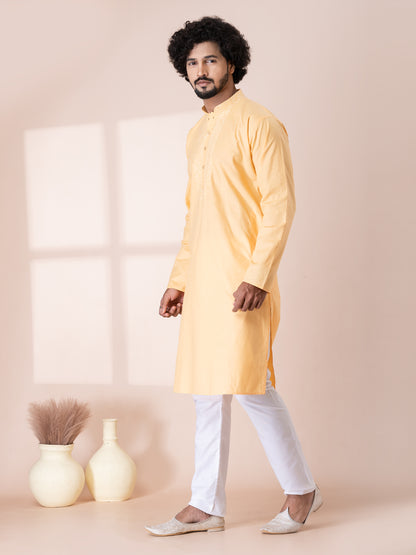 Elegant Sunstitch Color Handloom Cotton Kurta Pajama Set with Neck Handwork