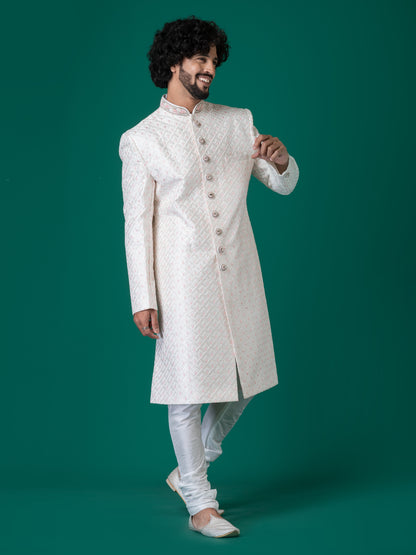 Opulent White Edgar Sherwani with Neck Handwork