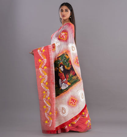 Vibrant White Bengali Boutique Cotton Saree